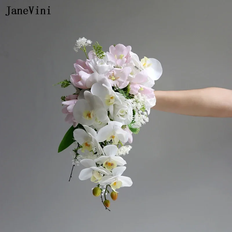 JaneVini 2025 Pink Waterfall Wedding Bouquets Artificial Silk Roses Real Touch Cascading Butterfly Orchid Bridal Bouquet Flowers