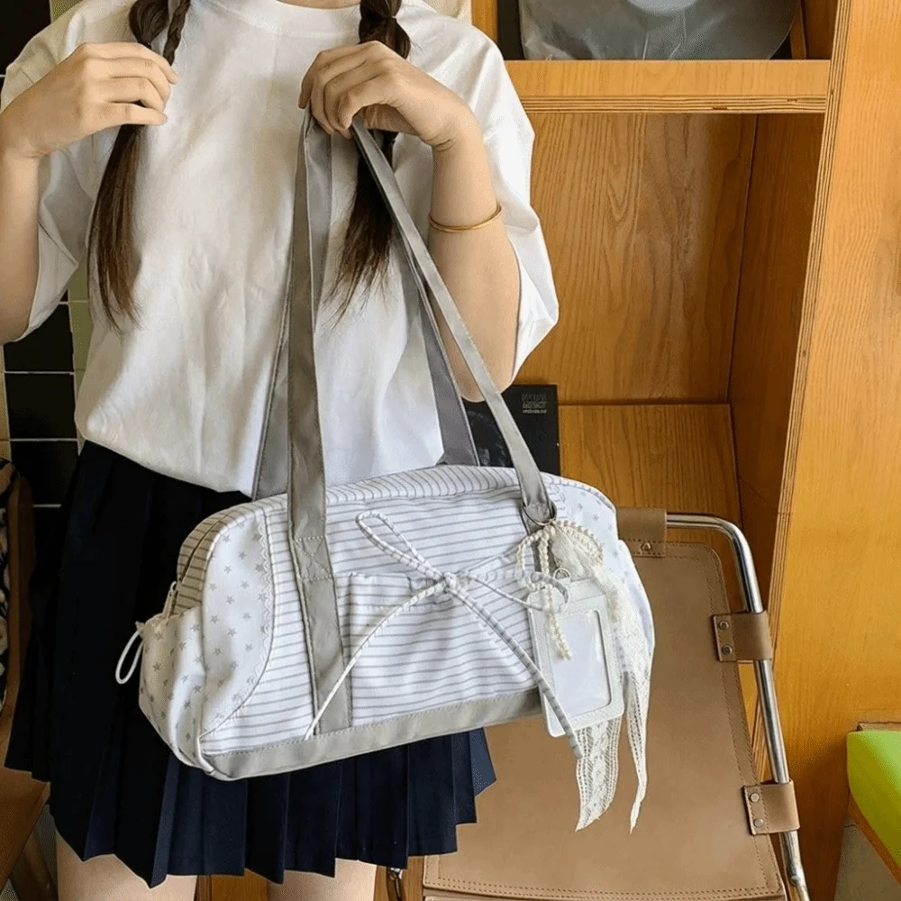 Y2K Polyester Bow Decor Boston Bag Large Capacity Star Ita Bag Zippered Lightweight Tote Bag Daily Use