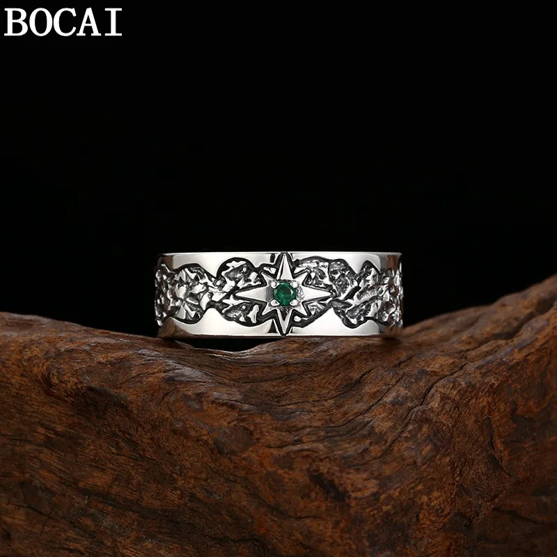 BOCAI New S925 Silver Ring for Men Women Simplicity Lava, Octagonal Star Ring Selected Gift for Men and Women