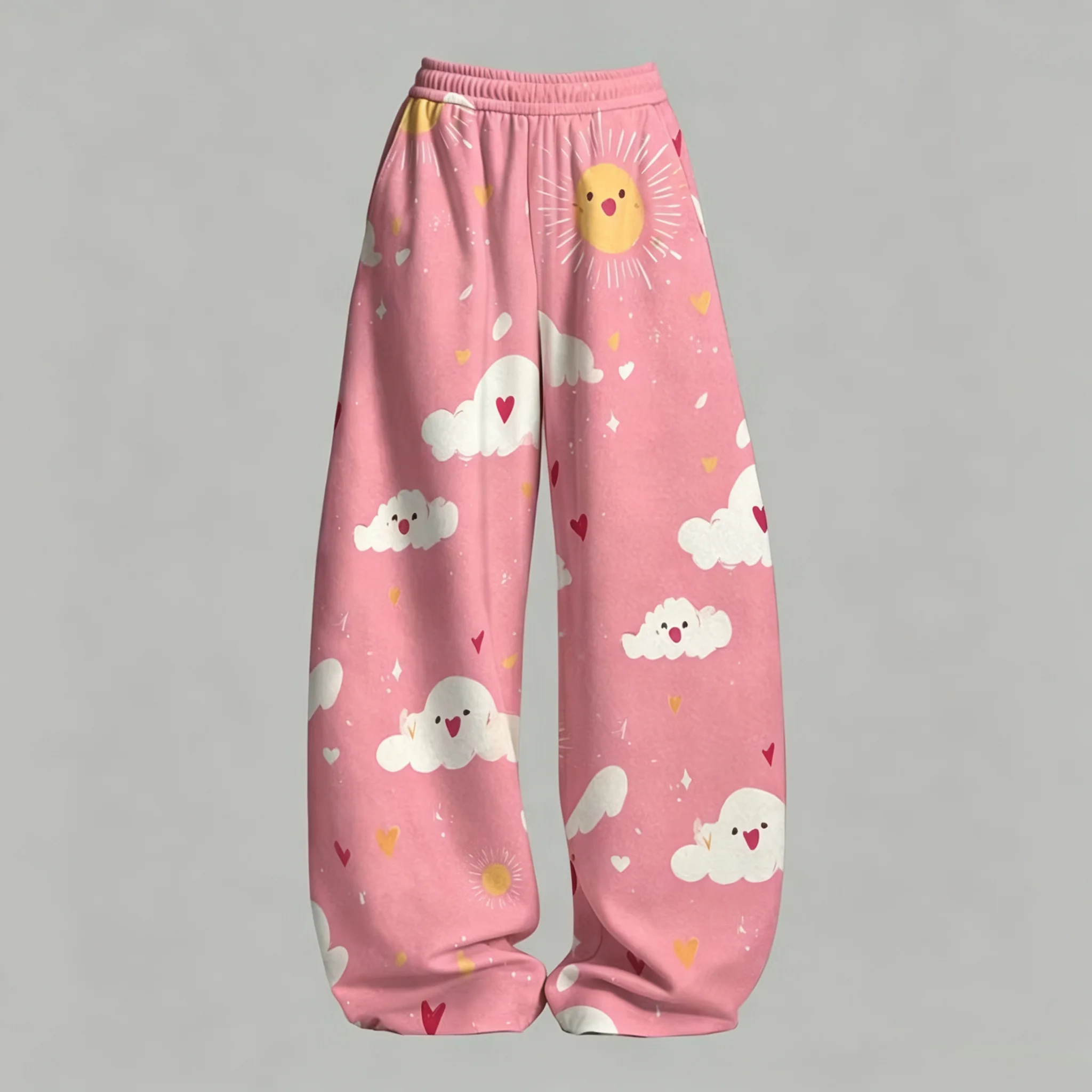 Women's Wide-Leg Sweatpants with Cute Cartoon Sun and Cloud Print – Pink, Loose-Fit, Casual, Elastic-Waist Street-Style Trousers