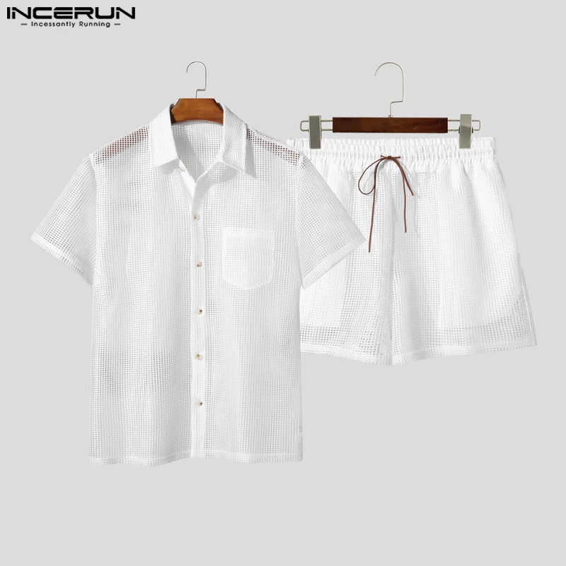 

INCERUN Men Sets Mesh Hollow Out See Through Lapel Short Sleeve Shirt & Shorts Two Pieces Sets Streetwear Sexy Men Casual Suits