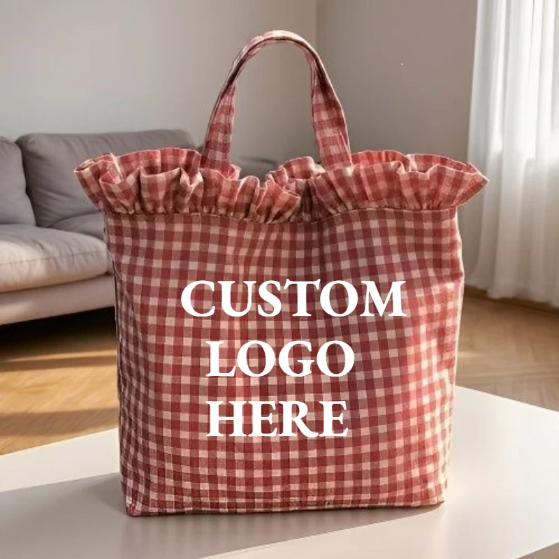 Custom Print Logo Canvas Bag Woman Casual Plaid Women Shopping Bag Large Capacity Cute Tote Handbags Girls Frenum Shoulder Bags