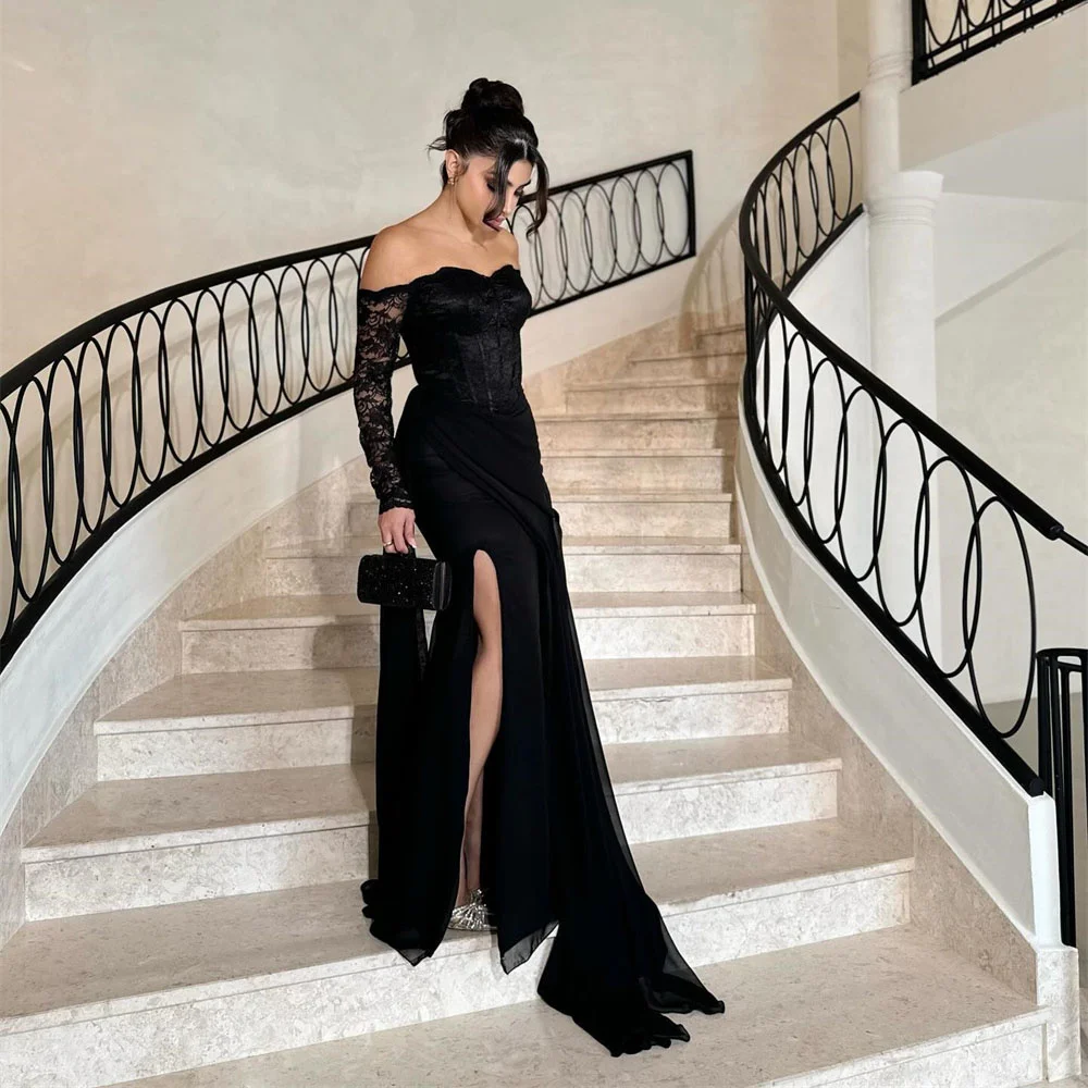 ROYET Classic Simple Strapless Off The Shoulder Full Sleeve Mermaid Evening Dress High Slit Floor Length Long Prom Gown New