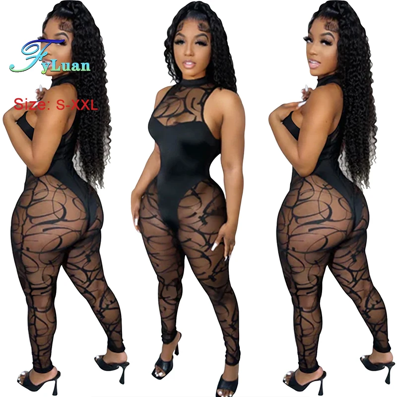 Summer Sexy Black Mesh Perspective Vestidos Jumpsuit Women's Sleeveless Slim Fit Bodycon Jumpsuits Ladies Cocktail Prom Overalls