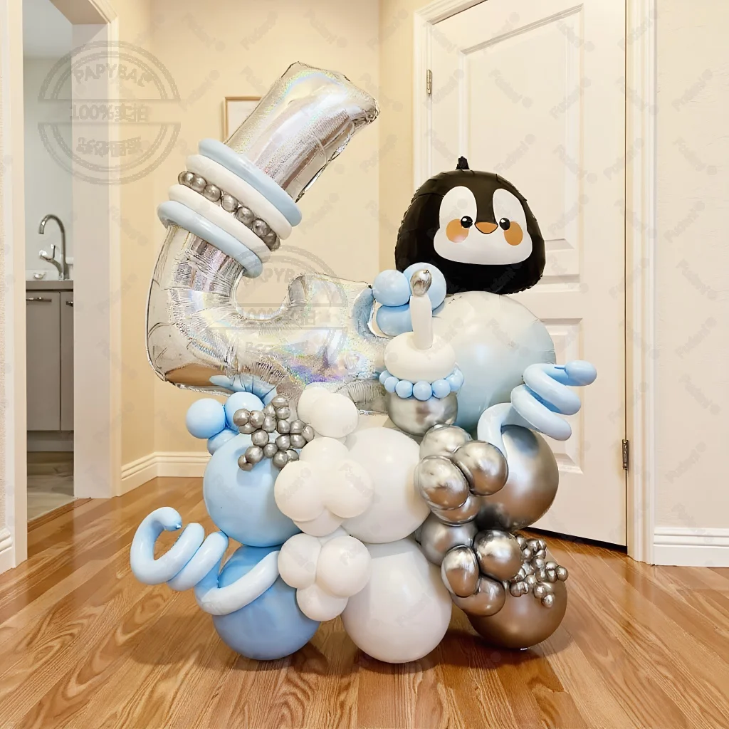 58-teiliges süßes Ballonset mit Pinguin-Motiv und 32-Zoll-Silberzahlen für Geburtstagsfeier-Dekoration, Babyparty-Geschenk