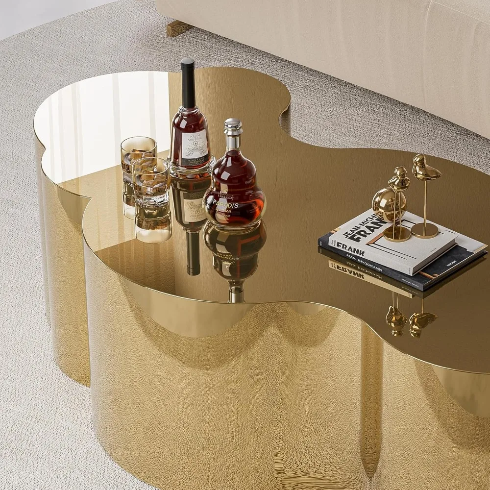 Modern Gold Stainless Coffee Table, Large Cloud Fashion Design Accent Table for Living Room Bedroom