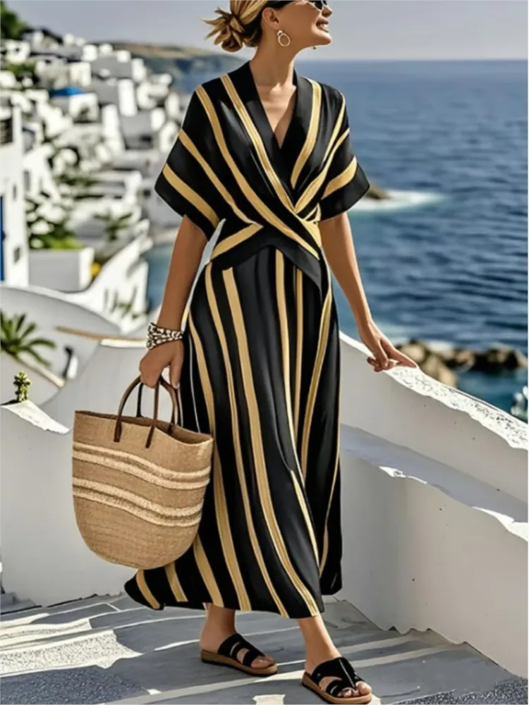 

Casual Loose Retro Striped Print Holiday Dresses Summer Short Sleeve V Neck Robes Dress Woman Boho Beach Pleated Long Dress