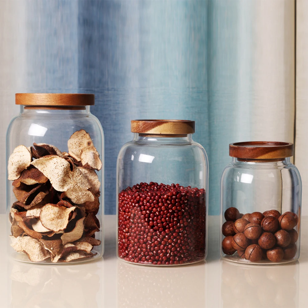 

Airtight Glass Storage Jars Clear Containers for Tea Sugar Liquor Home Kitchen Bamboo Style Storage Solutions Sealing Canisters