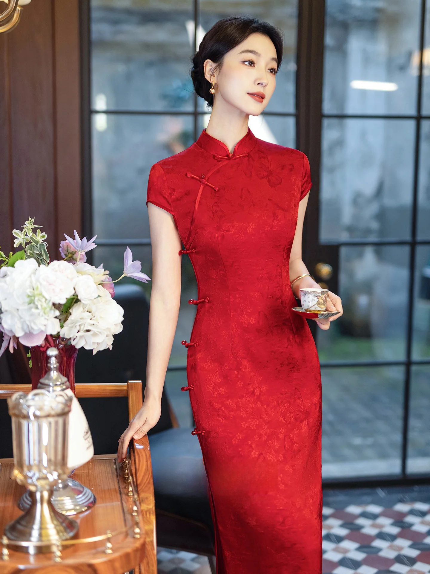 

Red Young Sle Wedding Dr Ele Simple Design High Quali Polyester Fiber ort Sve Mid-Length Skirt