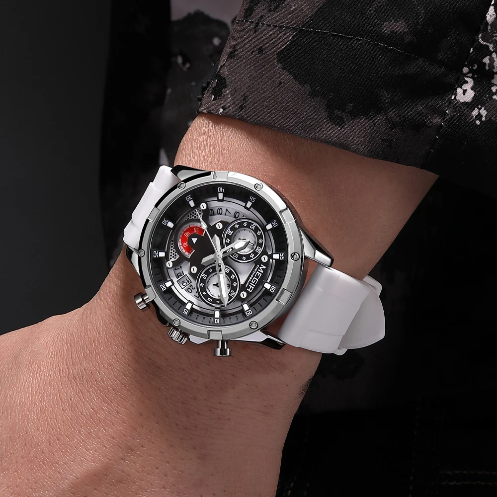 MEGIR رجل ساعة كوارتز مقاوم للماء فاخر مضيئة تاريخ كرونوغراف سيليكون الرجال ساعة اليد العسكرية الرياضية ساعات رجالية