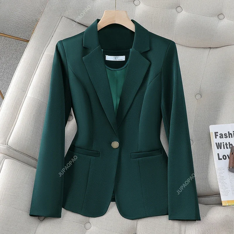 Leisure Time Ladies Blazer Women Jacket Apricot Green Black Long Sleeve Single Button Female Business Work Wear Slim Formal Coat