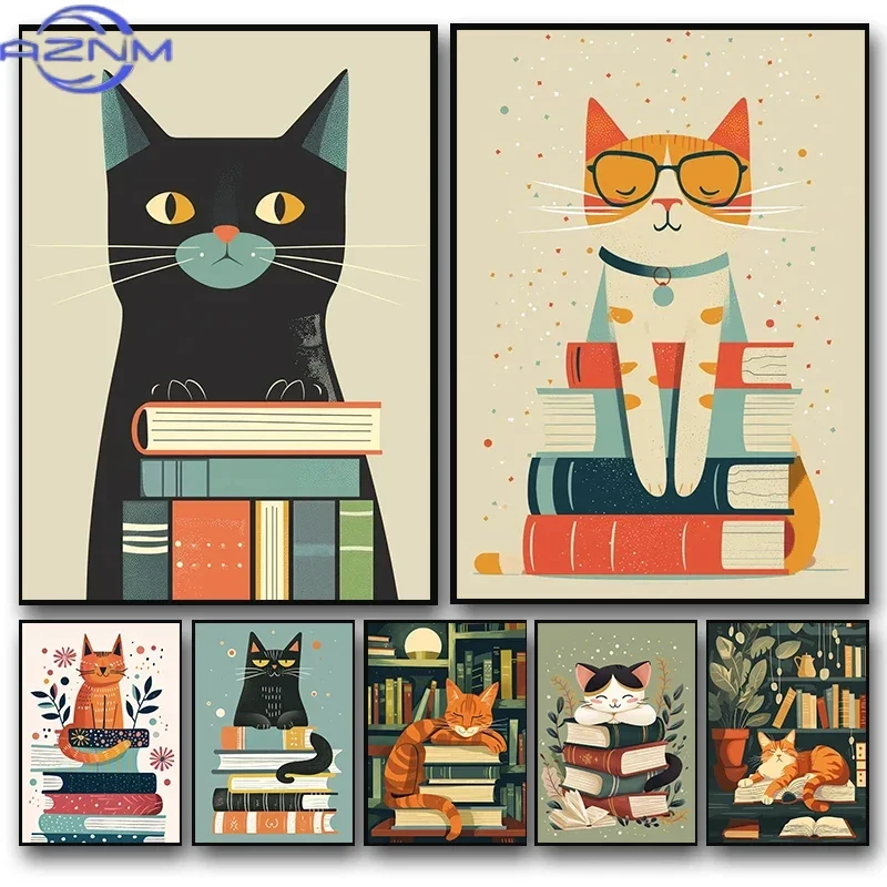 Cartoon Cat with Books Poster Print Canvas Painting Wall Art Picture Library Bookstore Room Decor Book Lovers Reading Gift
