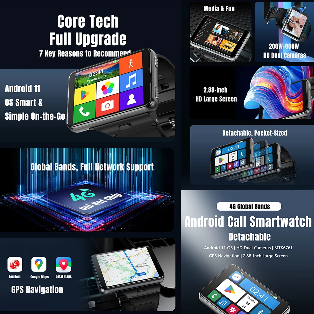 JingTider S999 2.88 INCH 4G Smart Watch MTK6761 Quad Core 4GB 64GB 5.0MP+13.0MP Dual Cameras Smartwatch 2300mAh Battery GPS WIFI