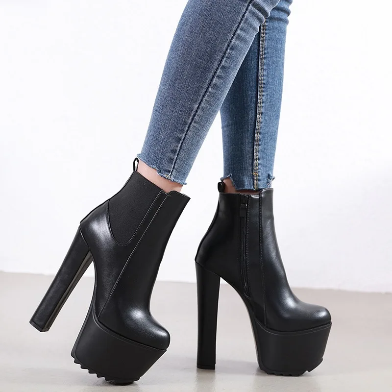 Plattform High Heel Stiefeletten für Frauen Runde Kappe Schwarz Leder 16CM Starke Ferse Booties Winter Schuhe Frauen Kurze stiefel WSH5202