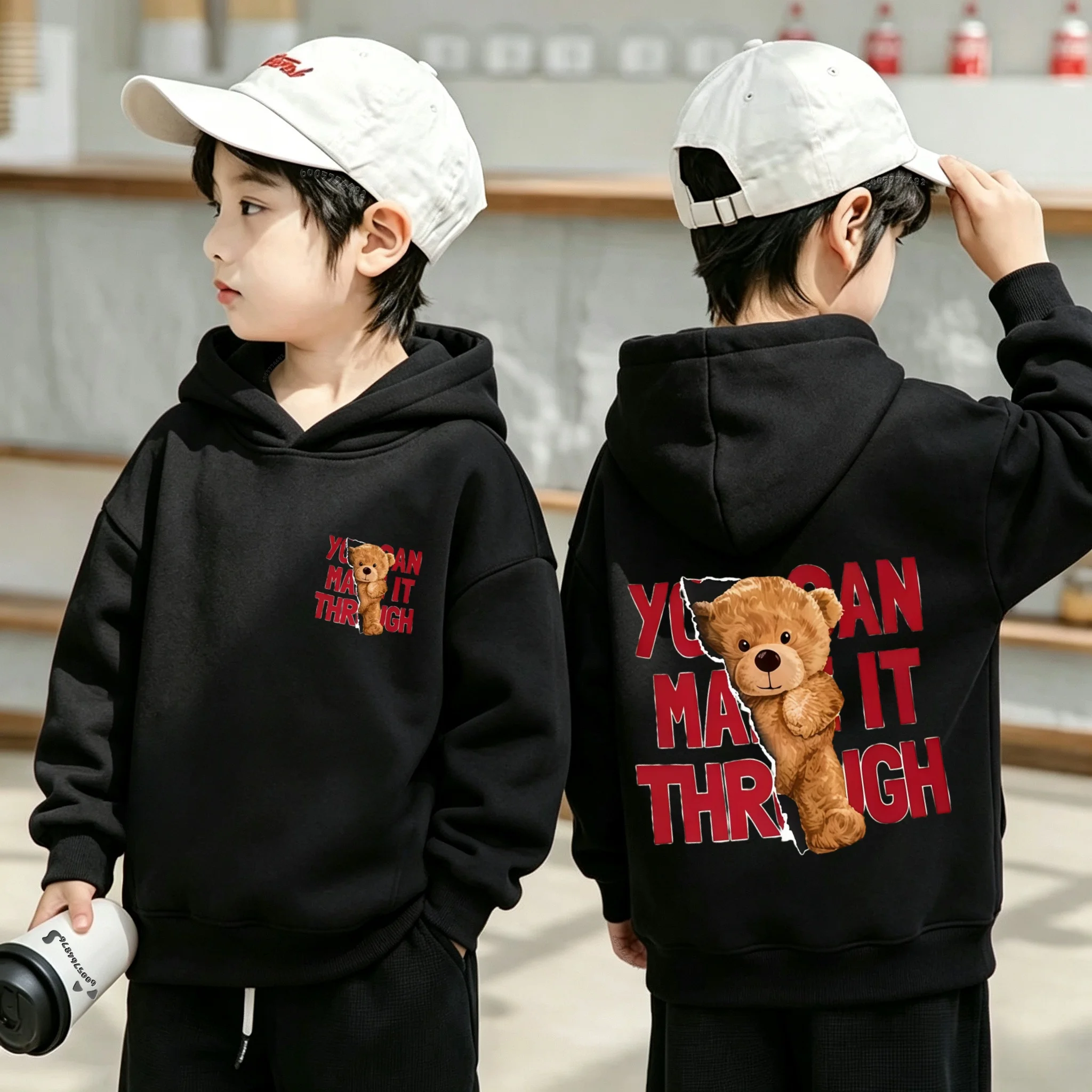 Children  Pullover Hoodie Cute Bear Graphic Print Front And Back Casual Streetwear Hooded Sweatshirt