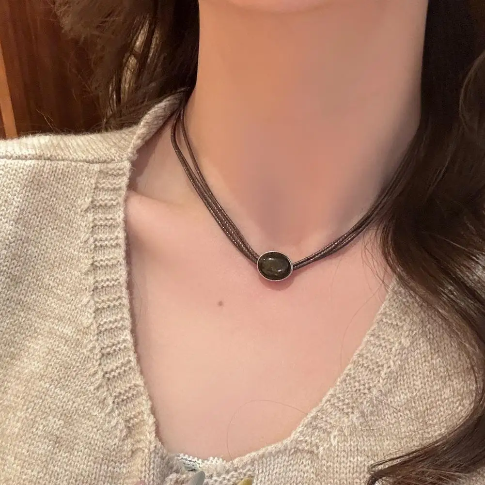 خمر البني قلادة قلادة للنساء فتاة الخريف الشتاء قلادة جلدية براون حجر قلادة قلادة التراص المختنق #6