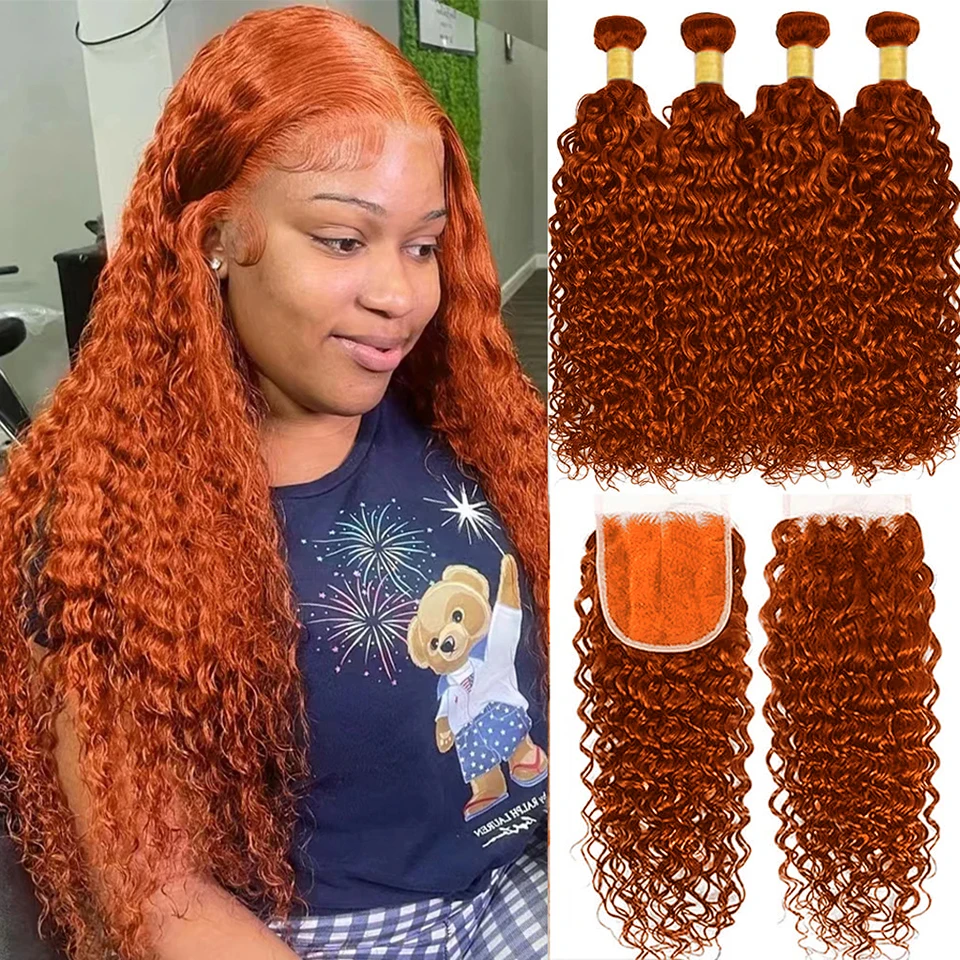 Paquetes de ondas de agua de color naranja jengibre con cabello humano de cierre # 350 extensiones frontales brasileñas del cierre del cordón de la armadura HD del cabello humano de Remy