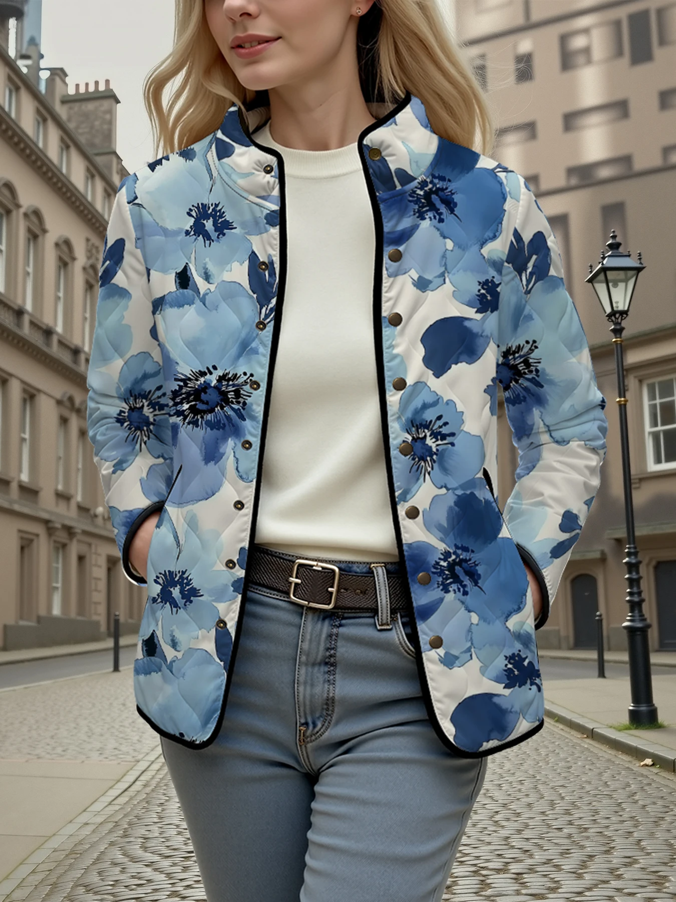 

Women's Vintage Floral Cool Weather Coat Stand Collar Yellow Blooms Comfortable Warm Winter Lightweight Jacket for Fall Winter