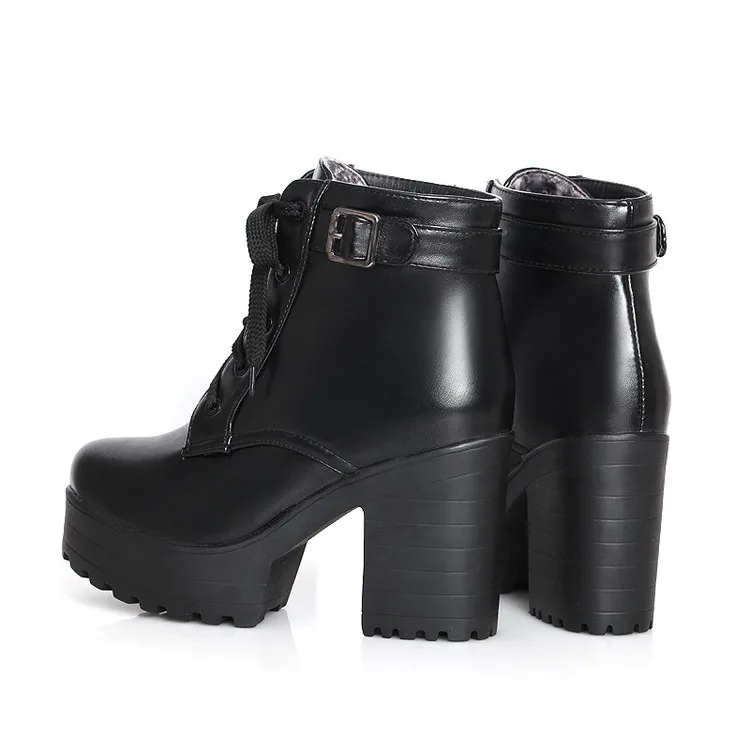 Vintage Buckle Thick Heel Short Boots Square Heel Women Platform Ankle Boots Fashion Pu Lace Up Short Boots Big Size 896