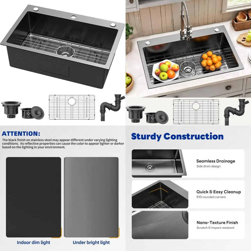 

Кухонная мойка с верхним креплением, одинарная чаша, 28x18x10 дюймов, нержавеющая сталь, нано-покрытие, цвет черный металлик, ручная работа, с решеткой, для дома или барной стойки