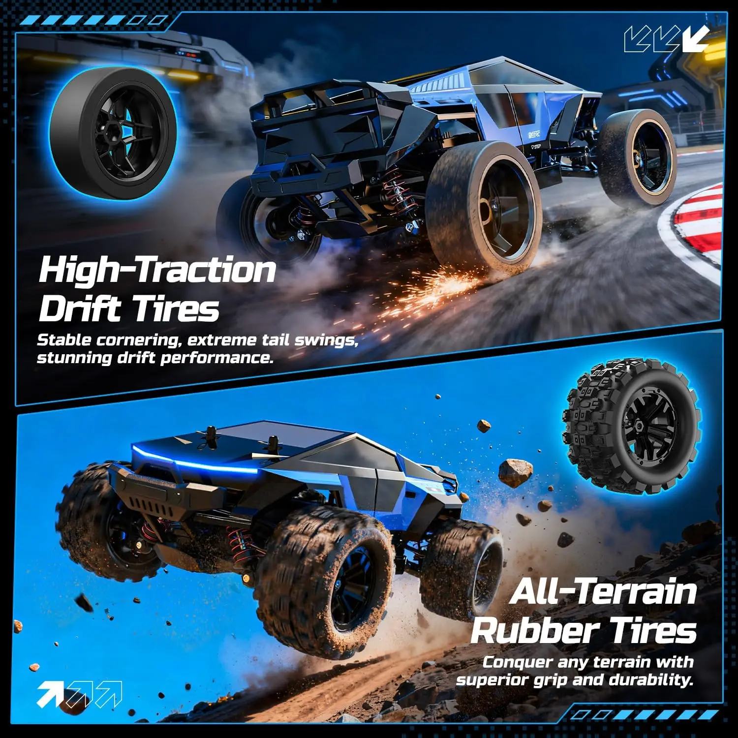 1815 1/18 All Terrain Fast Drift & Racing RC Car, 40KM/H Remote Control Truck with Futuristic Body Shell, Extra Drift Wheels, 2.