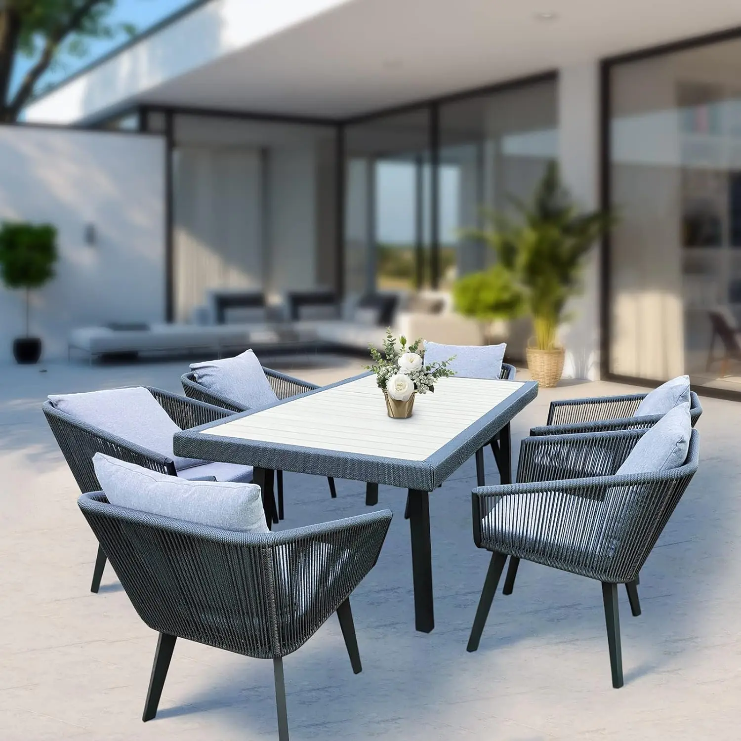 

7 Pieces All in One Patio Wicker Furniture Set, Table and Chairs Set with Cushions and Pillows, Frame Chairs and Rectangle Table