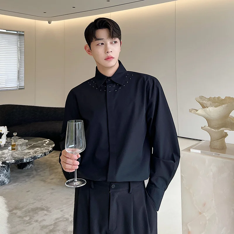 

Bla Long Sve Men's irt Faionable Sli Collar Iron on Rhinestones Stand Fit Youthful ular Four Seasons