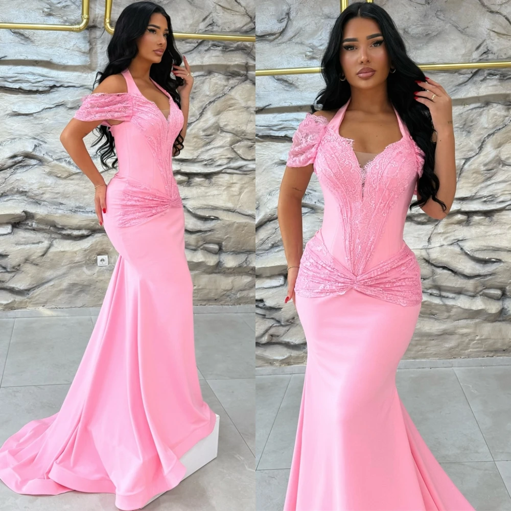 

Customized Luxury Satin Evening Dress Delicate Mermaid Prom Dresses Temperament Halter Court Train Special Occasion Gowns