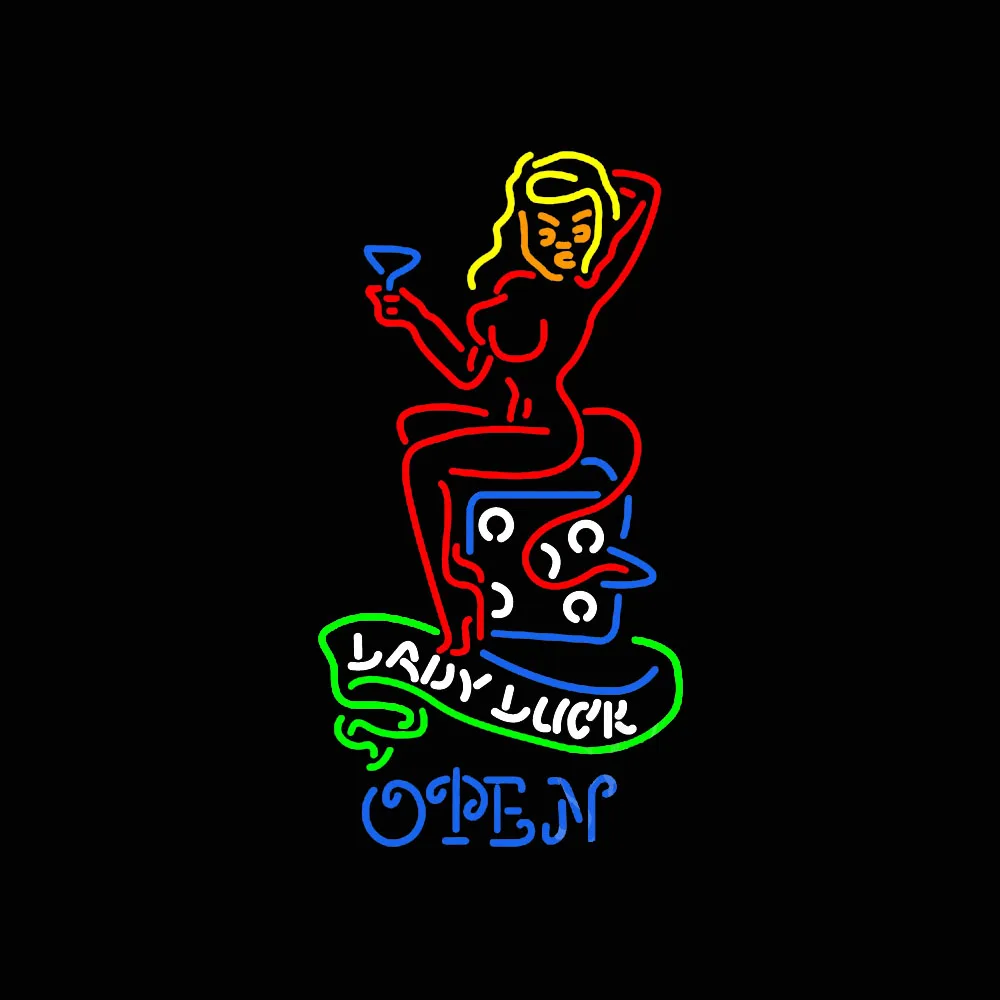 

Lady Luck Open She Devil Girl Drink Neon Light Sign Custom Handmade Real Glass Tube Beer Bar Room Decor Display Lamp 18"X 30"