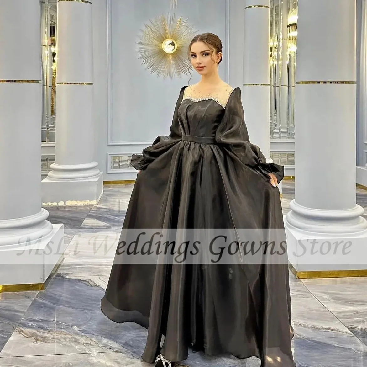 Elegant Balck Prom Dress For Dubai Arabic Women Beads Puff Long Sleeve Formal Evening Dresses Sheer Neck Shiny Occasion Gowns