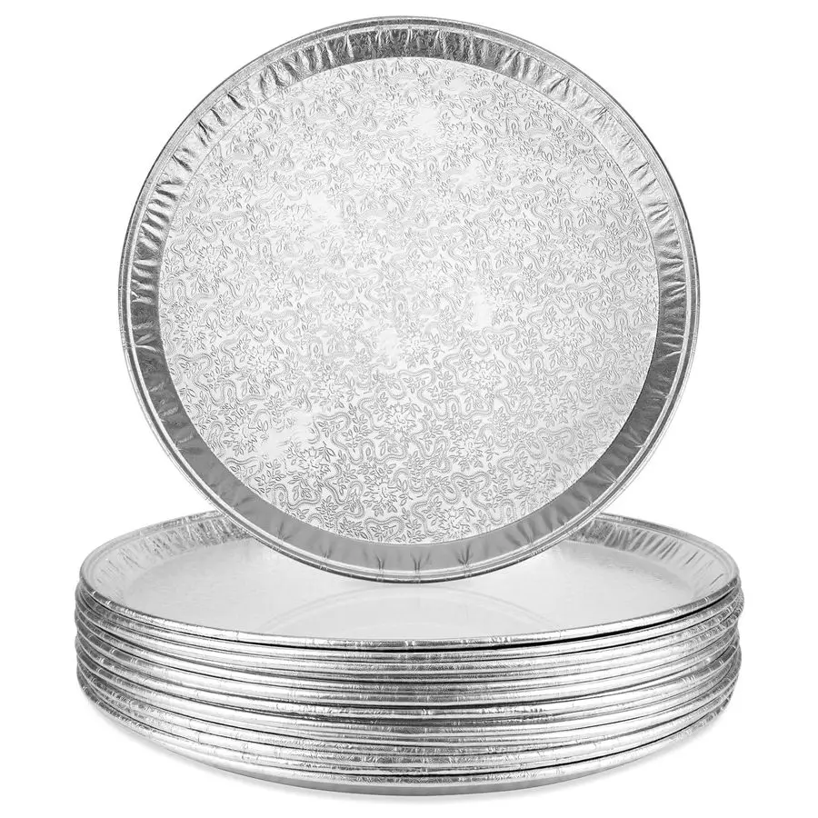 

Pack Serving Platters 16, Large Disposable Aluminium Foil Serving Trays for Parties, Silver Embossed Foil Serving Dishes Plates
