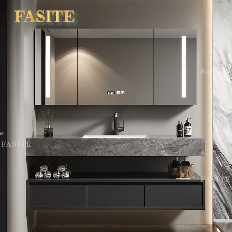 For Modern Simple Bathroom Light Luxury Rock Slab Wall Hung Vanity Cabinet Solid Wood Intelligent Washbasin Combo Storage