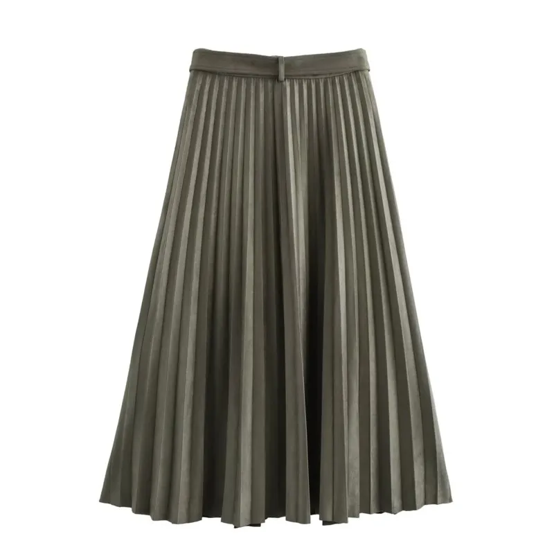 TRAF Women Pleated Skirt With Belt for Autumn Casual High Street Suede Effect Pleated Midi Skirt Side Zipper Casual Female Skirt