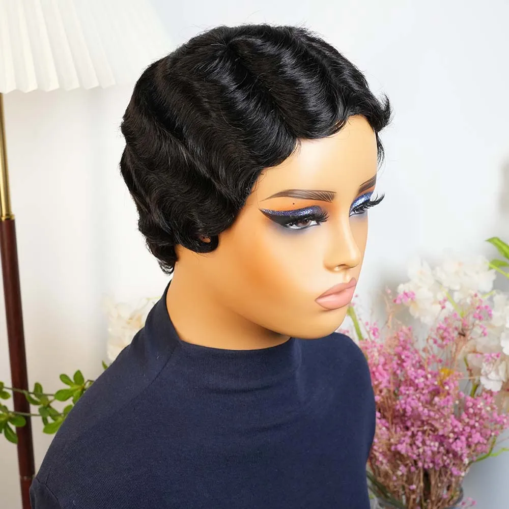 Peruki z krótkimi falami, peruka pixie cut, naturalny czarny kolor dla kobiet, krótka peruka z falami oceanicznymi, peruka wykonana maszynowo
