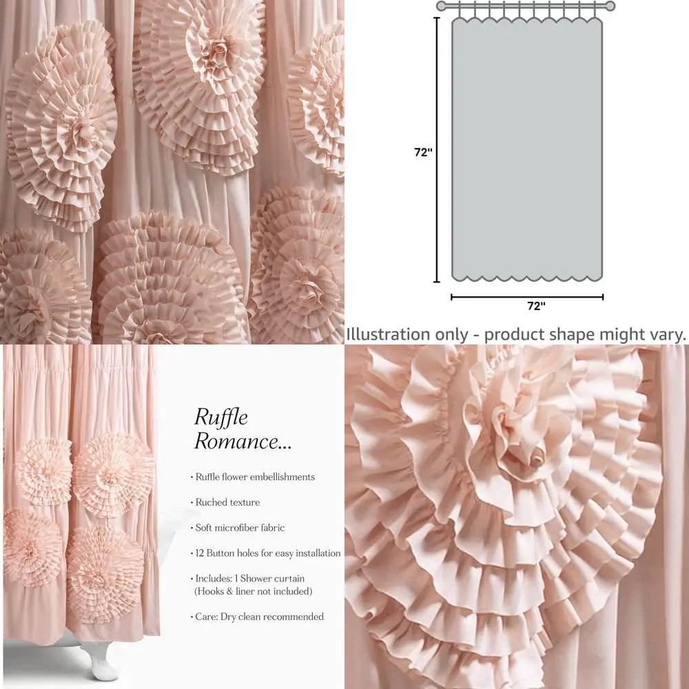 

Blush Pink Ruffled Fabric Shower Curtain, 72 W x 72 L - Elegant Bathroom Decor