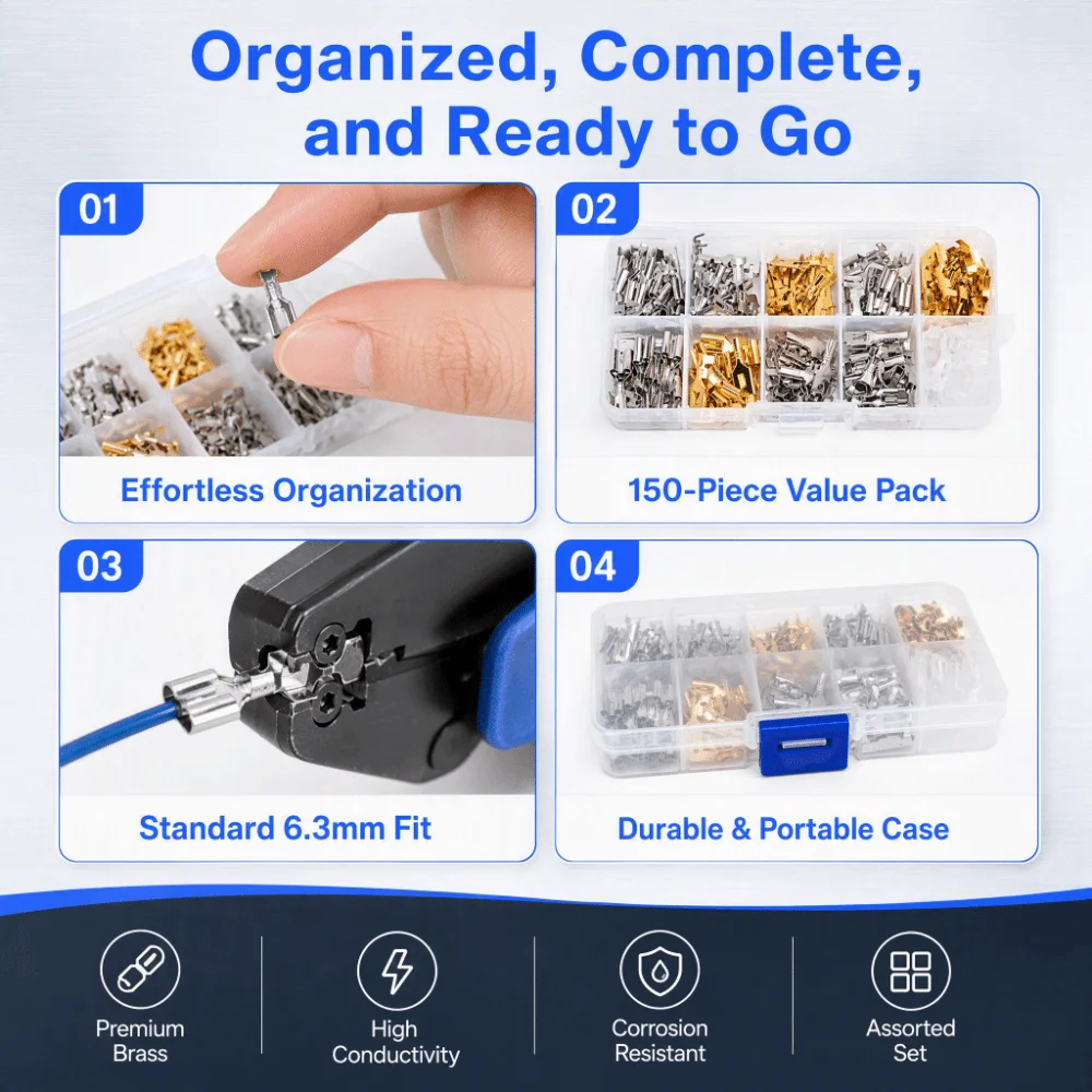 150pcs Assortment Kit 6.3mm Wire Crimp Terminal Block Brass Waterproof Wire Spade Connector Quick Splice Connector Car Audio