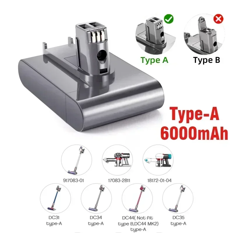 for Dyson Battery 6000mAh Replacement battery DC35 Type A Compatible with DC31 DC34 DC44 DC45 Handheld Vacuum Cleaner Batteries.