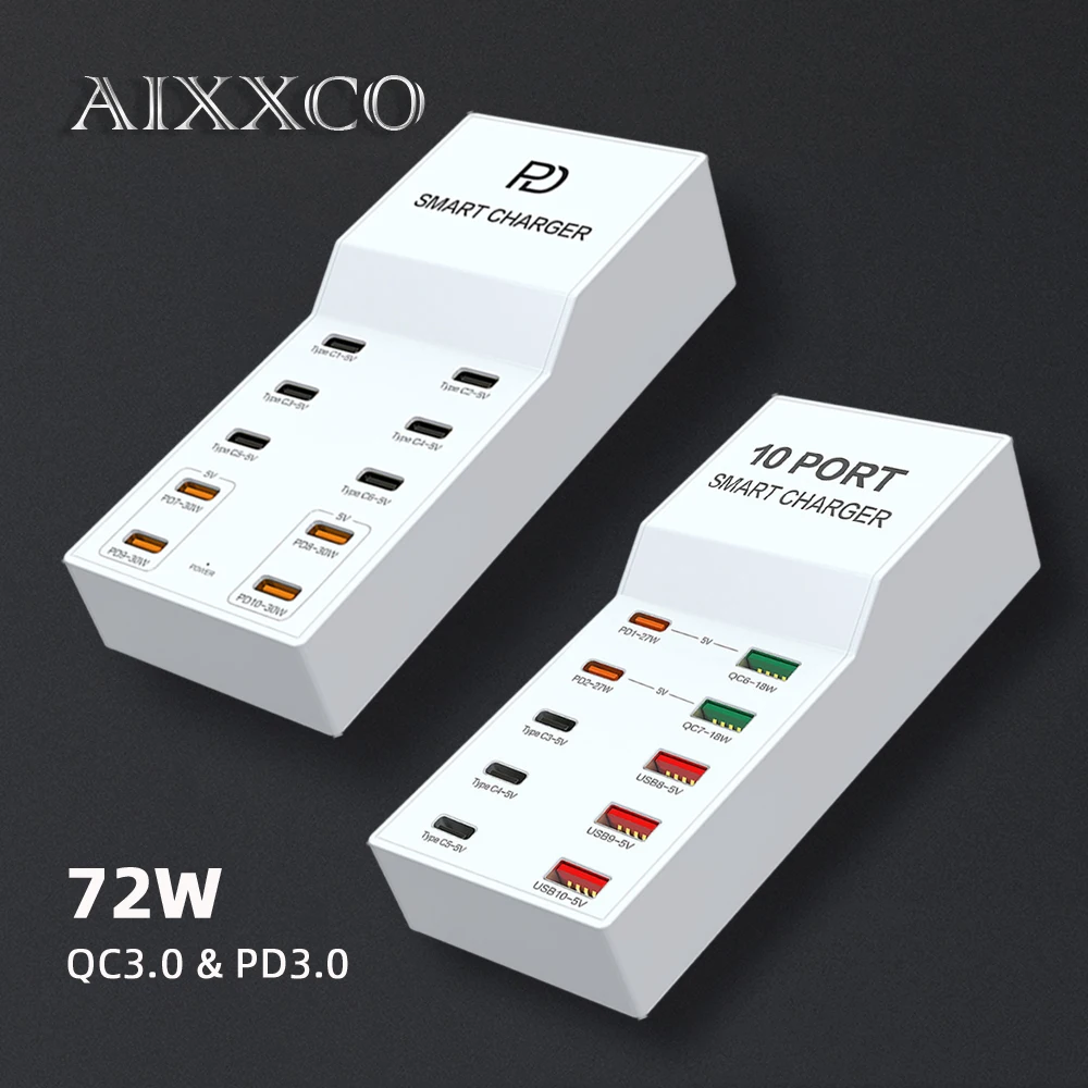 AIXXCO 10 Port USB Type C Charger 72W PD QC3.0 Quick Charger For IPAD Tablet iPhone 14 Samsung S23