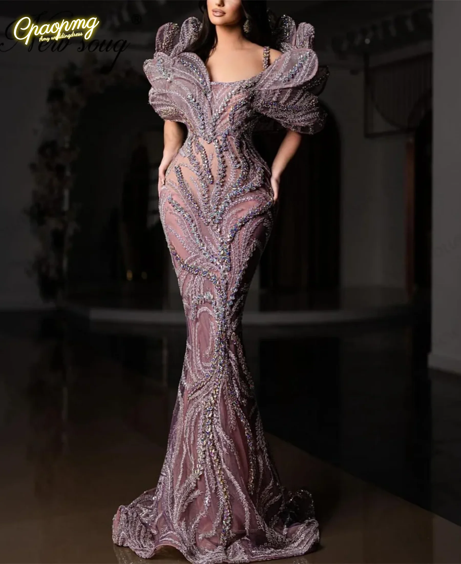 

Customized Strapless Crystals Dresses Dubai Coutures Beading Evening Dress Robes Wedding Party Gown