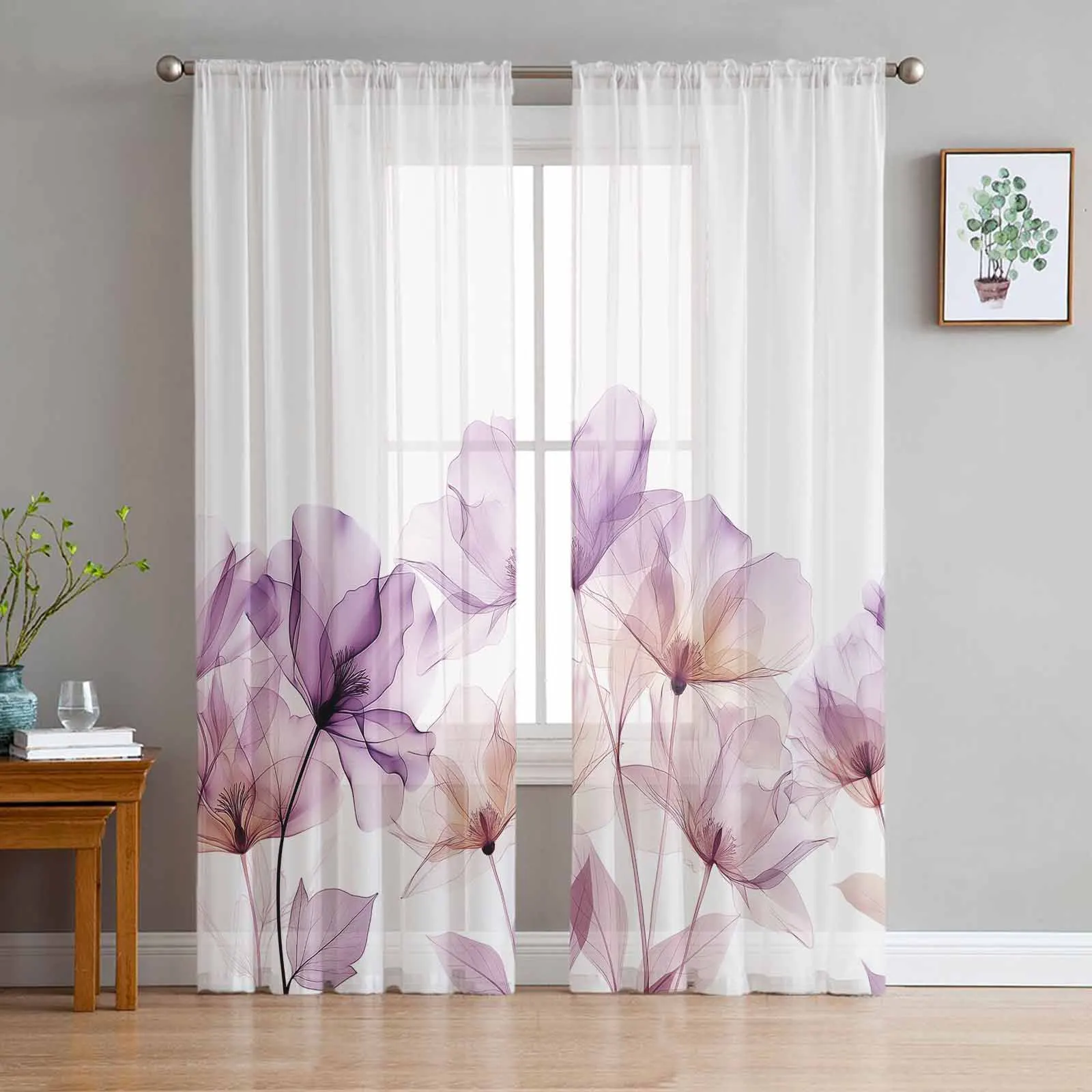 Minimalist Floral Watercolor X-Ray Sheer Curtains for Living Room Bedroom Window Treatment Kitchen Chiffon Curtain