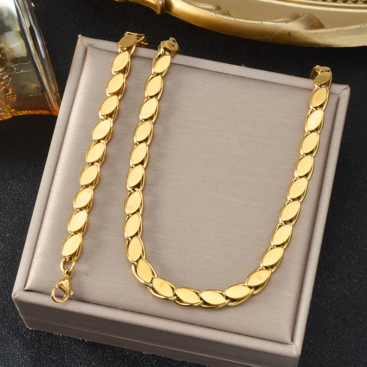 Gold Plated Stainless Steel Necklace Bracelet Set Street Hip Hop Trend Adjustable Length Unisex Jewelry Birthday Gift