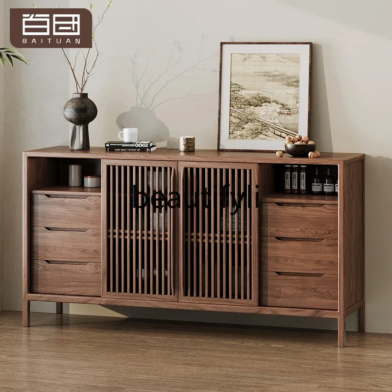 

Chinese style North American black walnut Song Dynasty aesthetic solid wood dining side cabinet living room tea storage cabinet0