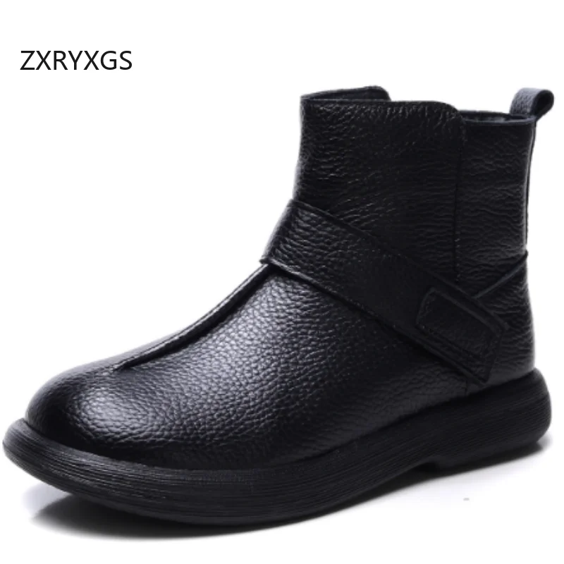 

ZXRYXGS Top Layer Cowhide Wool Boots Snow Shoes Black 2025 Genuine Leather Winter Boots Flat Comfort Soft Sole Women Snow Boots