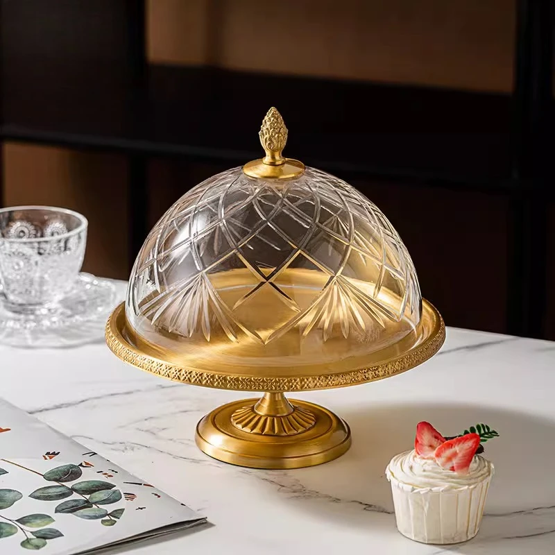 

European vintage brass glass household tall dim sum plate with lid refreshment afternoon tea snack dessert cake tray