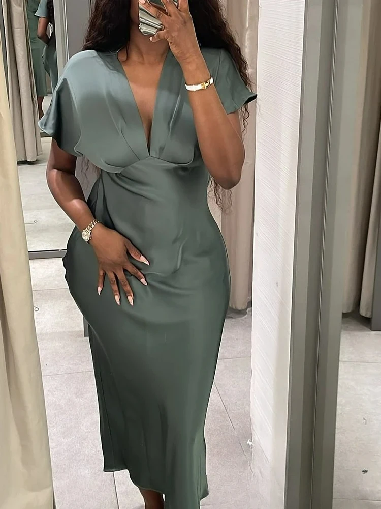 KONDALA خمر شيك أنيق المرأة فستان ستان الصلبة مطوي كم قصير مستقيم طويل Vestidos موضة 2025 فستان صيفي