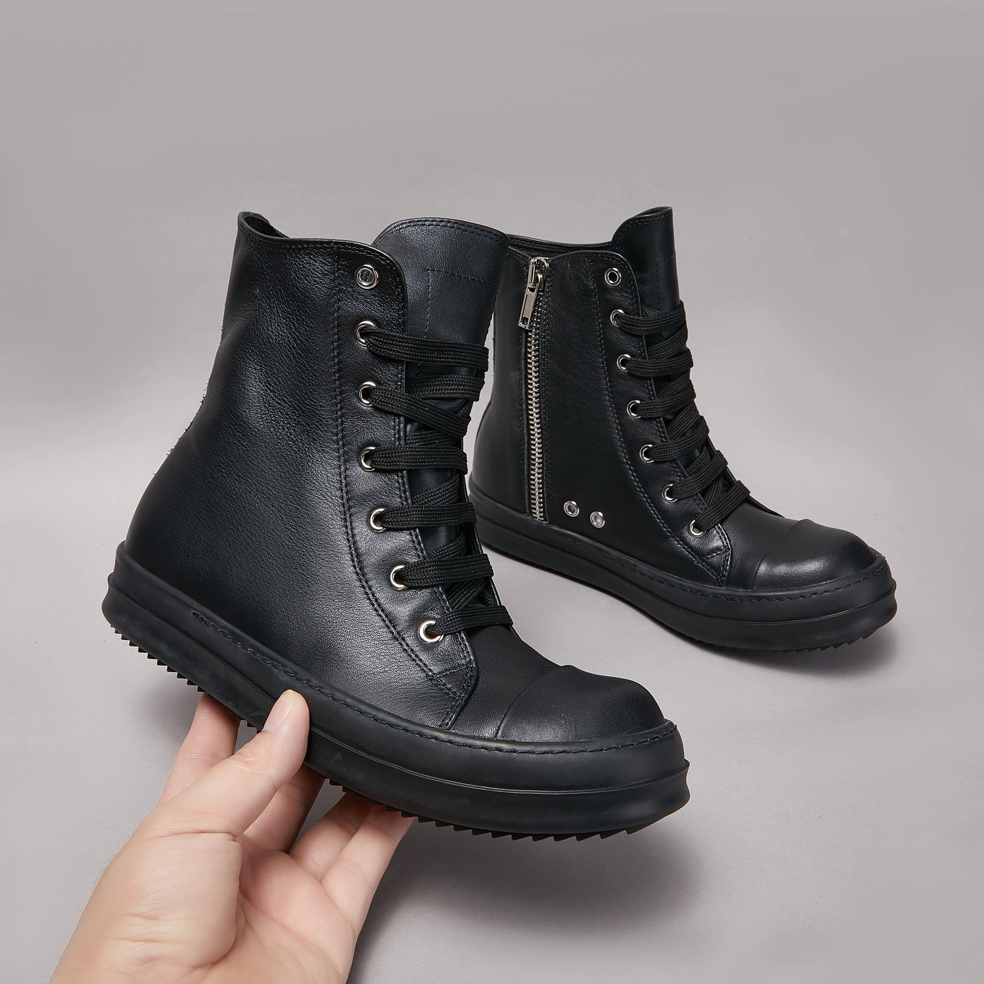 Brand Men Shoe Casual High Top Women Sneaker Quality Black Ankle Boot Designer Leather ow-en Zipper Luxury Lace Up Flat Shoe