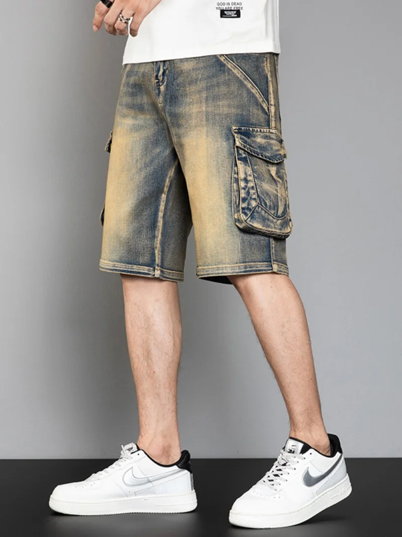 

Vintage Multi-ket Workwear Jeans Men's Denim orts Loose Large Size Trendy Brand Versatile American Five-Part Pants