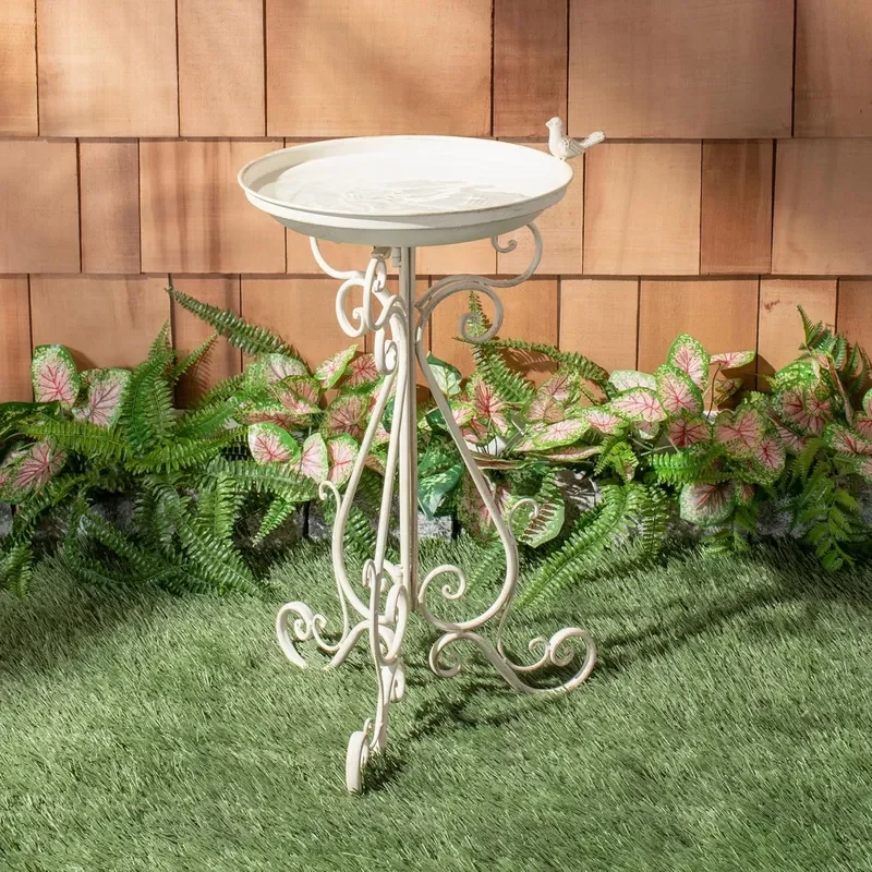 Outdoor Ashlan Pearl White Iron Bird Bath Victorian Decorative Garden Birdbath with Sculpted Bird Accent 16.5 W x 14.6 D x