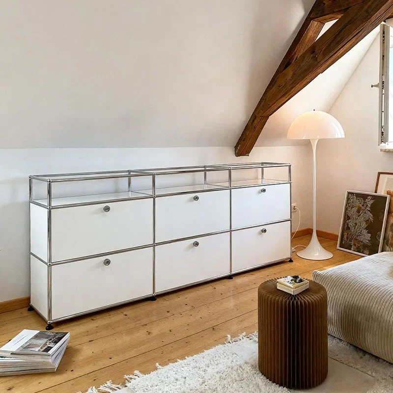 Modular sideboard, vintage style living room, wall-wall-integrated storage, sideboard, stainless steel flooring