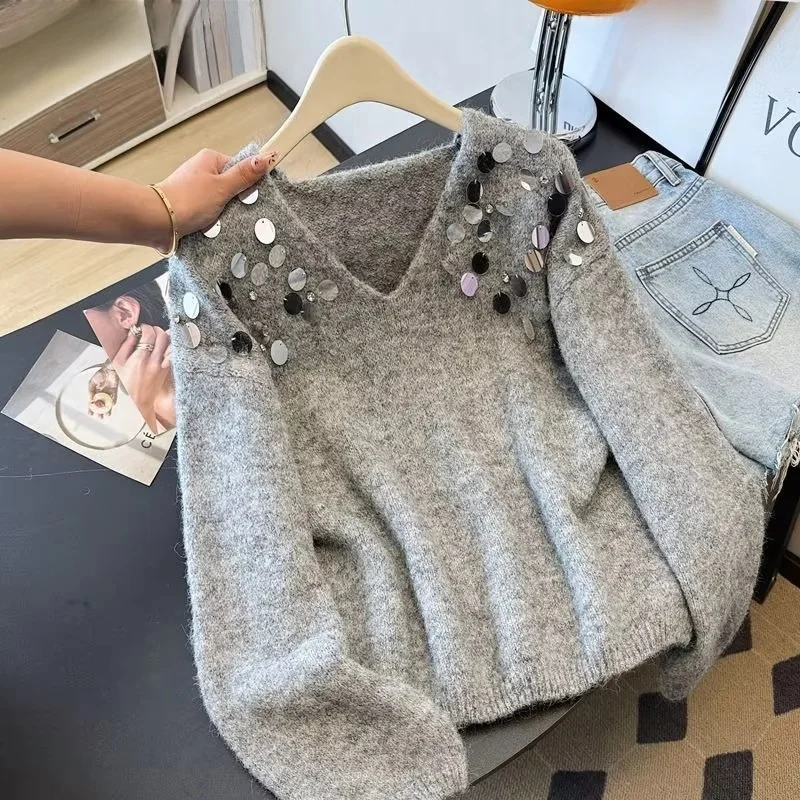 Solid V Neck Sequin Sweaters Women Pullovers Loose Fit Drop Shoulder Glitter Autumn Winter Casual Pull Femme